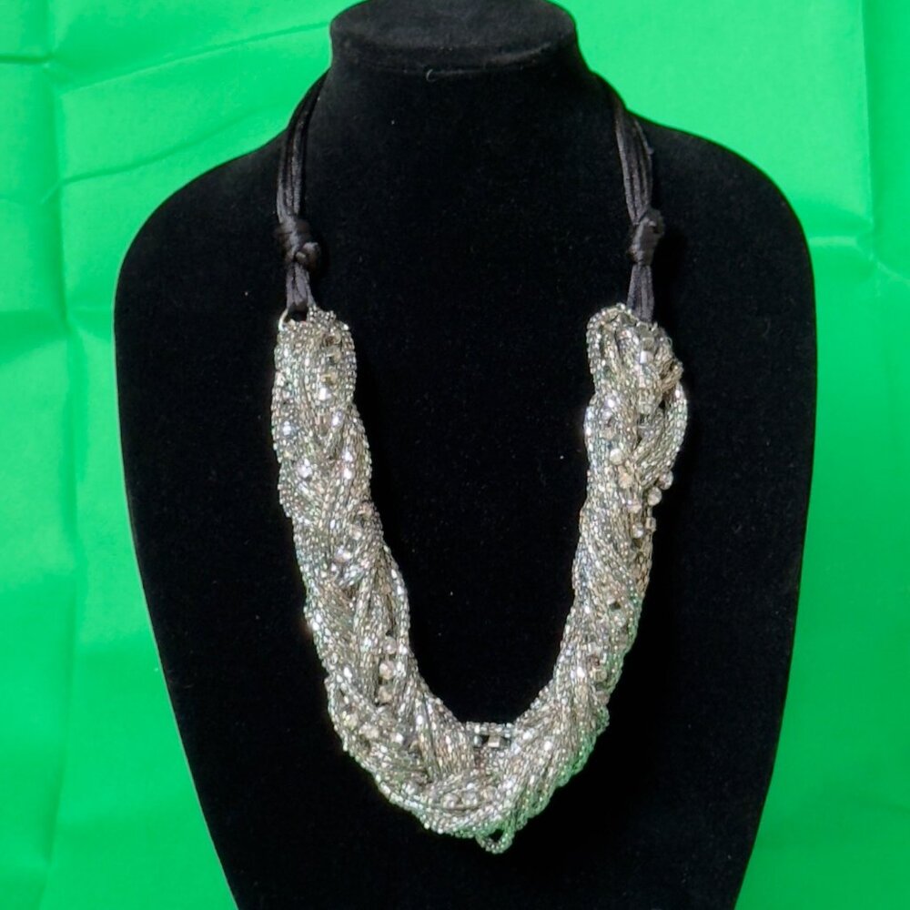 Chicos Silver-Tone Braided Beaded Necklace With Black Cord & Lobster Clasp